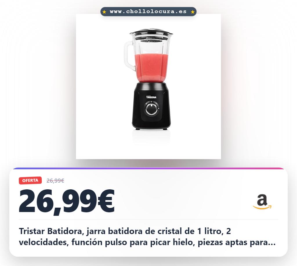 Tristar Batidora, jarra batidora de cristal de 1 litro, 2 velocidades, función pulso para picar hielo, piezas aptas para lavavajillas, negra, 350 W, Smoothie Maker BL-4482