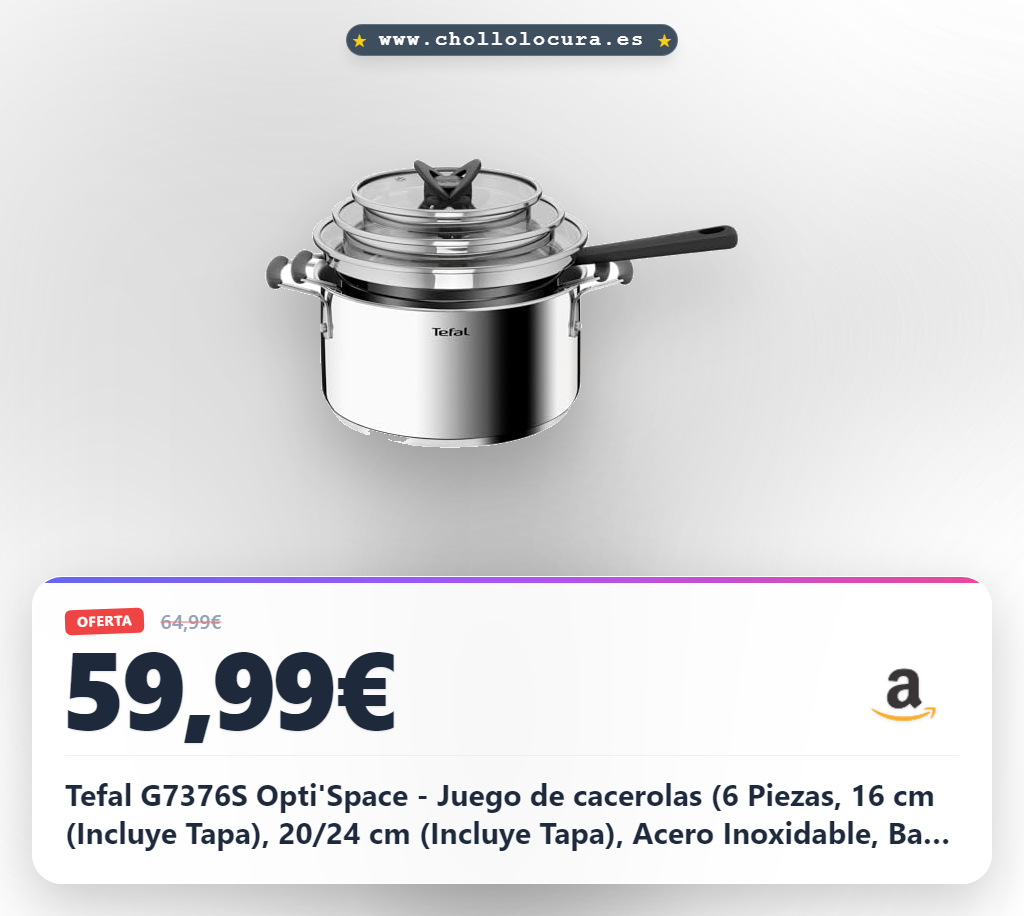 Tefal G7376S Opti'Space - Juego de cacerolas (6 Piezas, 16 cm (Incluye Tapa), 20/24 cm (Incluye Tapa), Acero Inoxidable, Base termofusible, para Todo Tipo de Fuegos, inducción, Color Gris