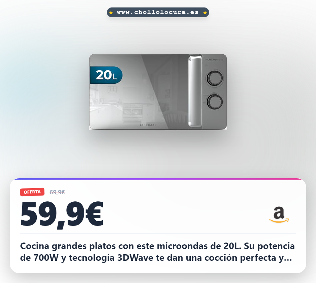 Aprovecha el microondas Cecotec 20L Proclean 3060 Flatbed con 700W y tecnología 3Dwave en oferta