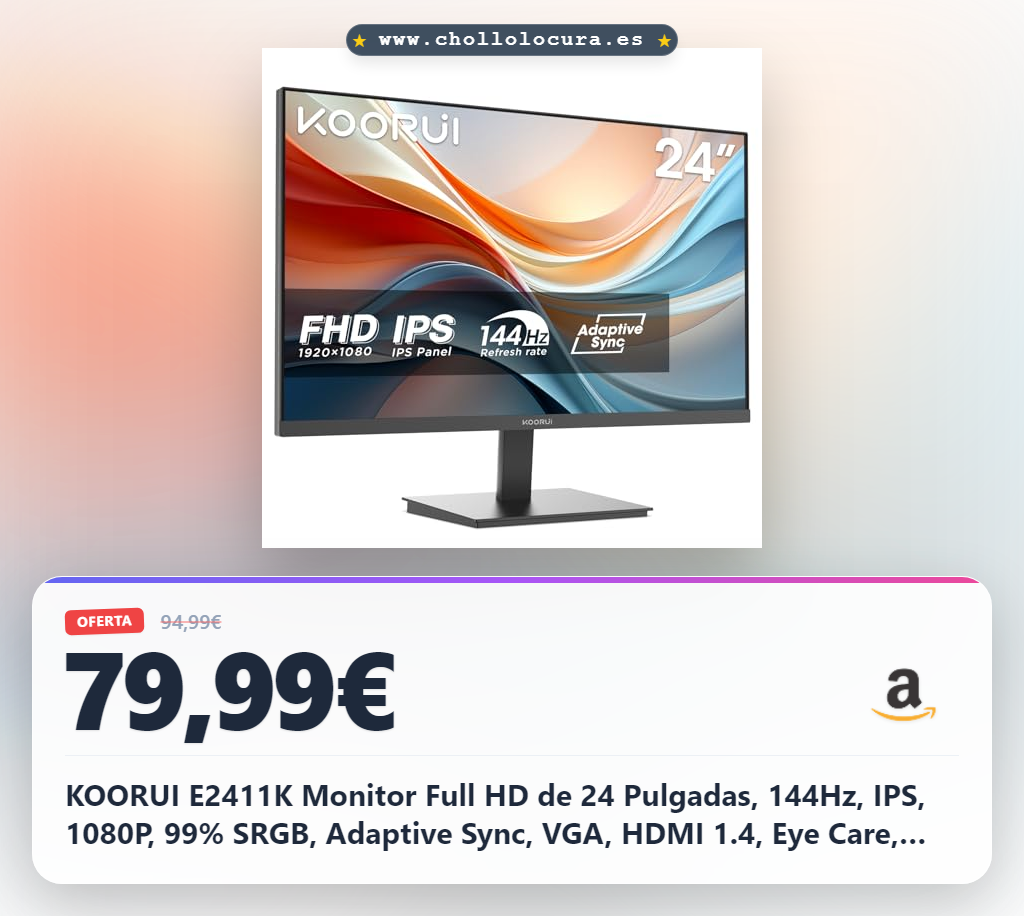 KOORUI E2411K Monitor Full HD de 24 Pulgadas, 144Hz, IPS, 1080P, 99% SRGB, Adaptive Sync, VGA, HDMI 1.4, Eye Care, Inclinación Ajustable, VESA 100x100mm