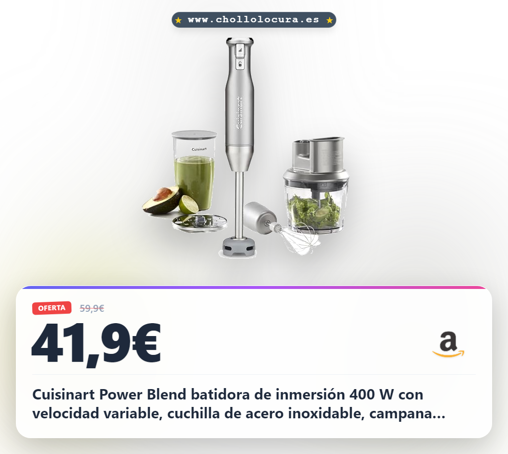 Cuisinart Power Blend batidora de inmersión 400 W con velocidad variable, cuchilla de acero inoxidable, campana antirrayaduras sin BPA, bol procesador, batidor y recipiente Prep-and-Go.