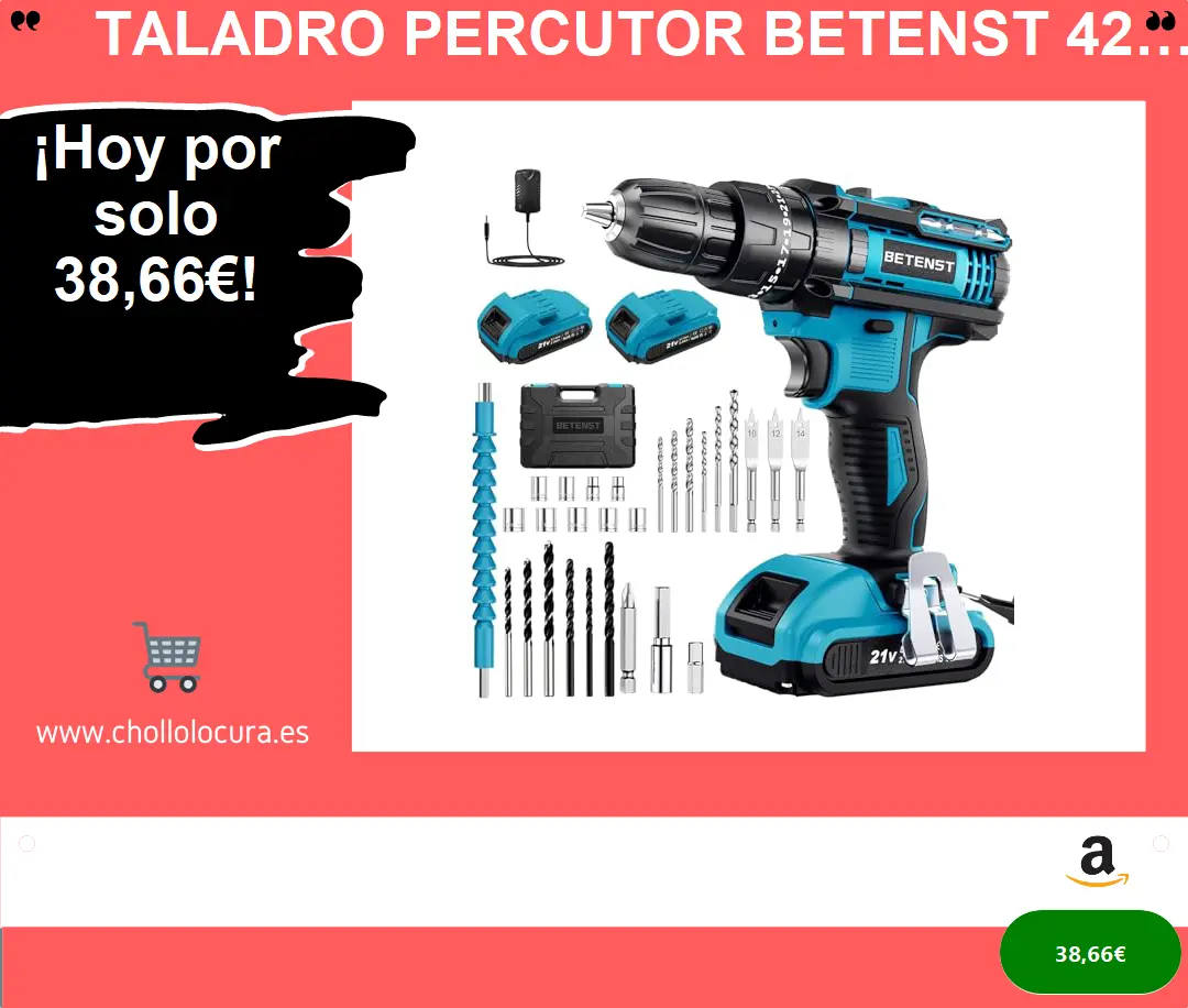 Taladro Percutor BETENST 42Nm, 3 en 1, 25 Niveles de Par y 30 Accesorios