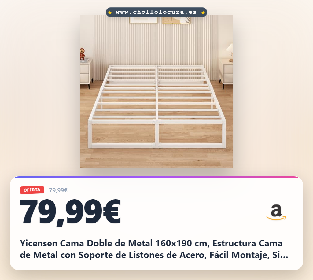 Yicensen Cama Doble de Metal 160x190 cm, Estructura Cama de Metal con Soporte de Listones de Acero, Fácil Montaje, Sin Ruido, No se Necesita Colchón de Muelles, 30 cm de Altura, Blanco