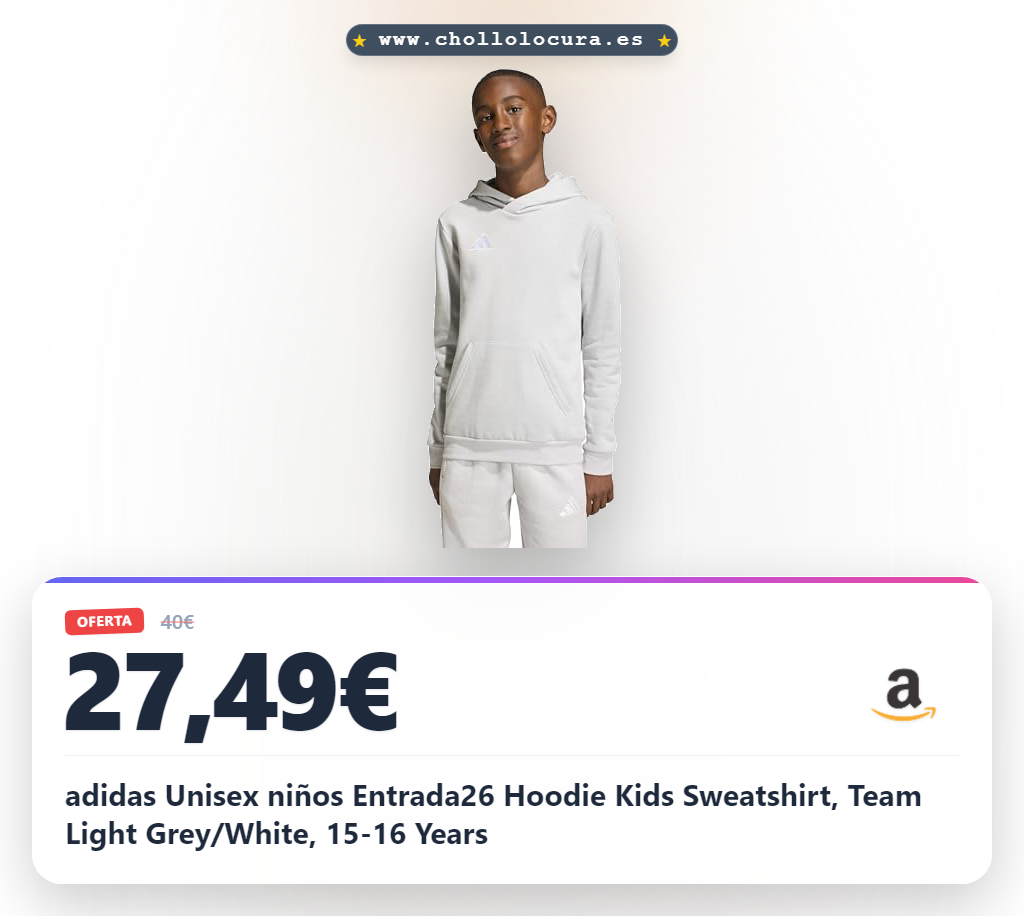 adidas Unisex niños Entrada26 Hoodie Kids Sweatshirt, Team Light Grey/White, 15-16 Years