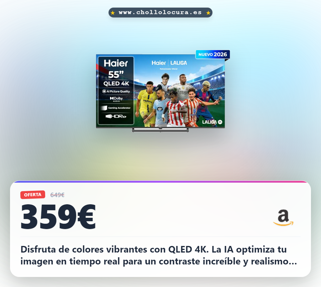 Consigue el Haier H6 QLED 4K 55" Smart TV con Google TV y 120Hz. Aprovecha la calidad QLED y Dolby Audio al mejor precio.