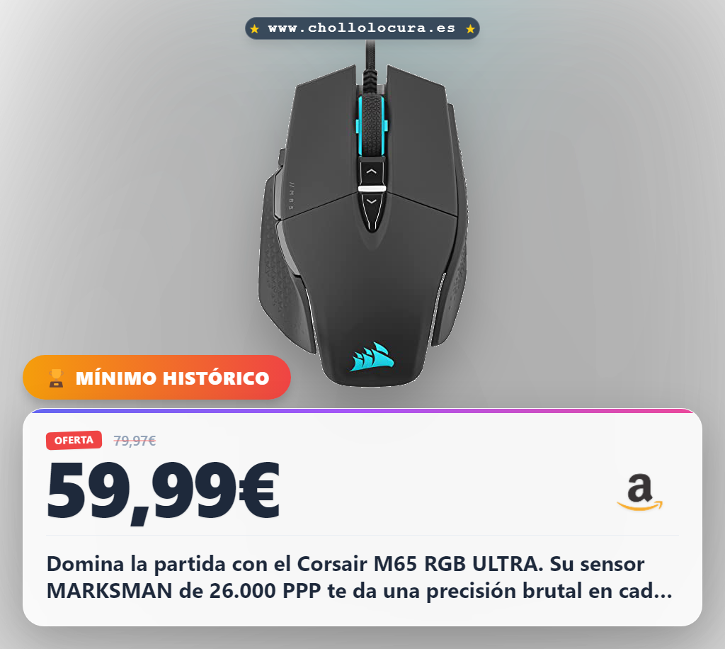 Obtén el ratón Corsair M65 RGB ULTRA para FPS con sensor MARKSMAN 26000 PPP y aluminio a precio de chollo
