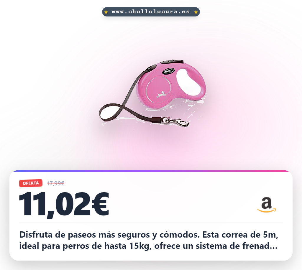 Llévate la correa Arppe Flexi New Classic de 5 metros, rosa, para perros de hasta 15 kg con sistema LED en oferta.