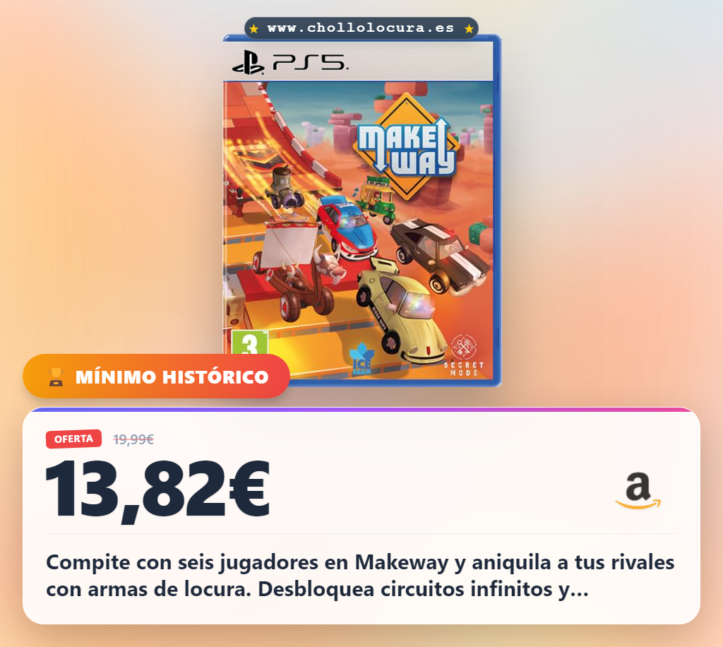 Disfruta Makeway en PS5. Compite con seis jugadores, usa armas locas y desbloquea circuitos alocados a precio de chollo