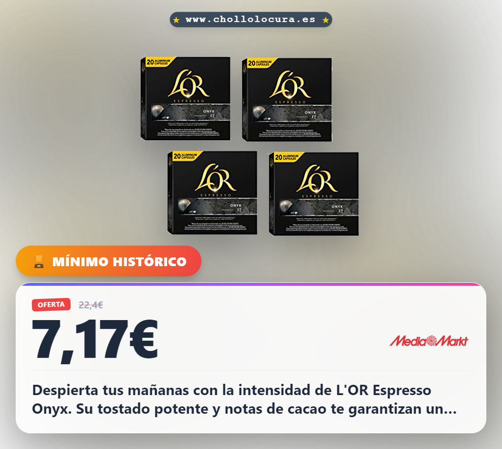 Logra la intensidad del café L'OR ESPRESSO Onyx con 20 cápsulas Nespresso en oferta histórica
