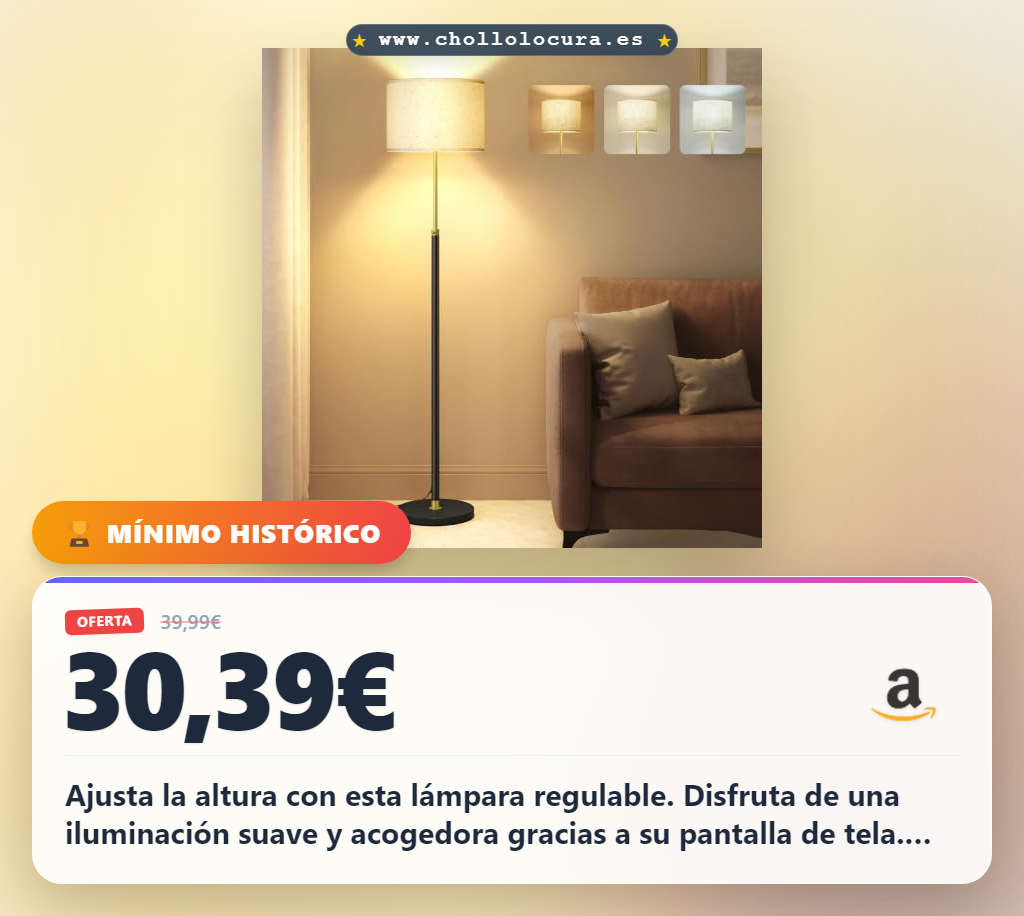Consigue lámpara de pie regulable de 140 a 170 cm con pantalla de tela y casquillo E27 en dorado y negro.