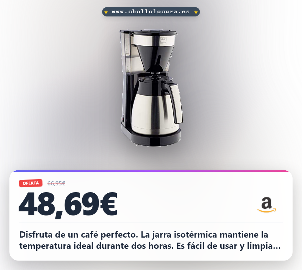 Llévate la cafetera Melitta Inox Easy Top II con jarra térmica de 1.25 litros al mejor precio en oferta histórica para tu café perfecto.