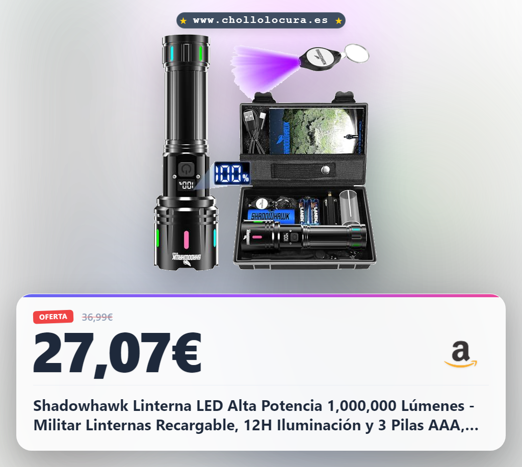 Shadowhawk Linterna LED Alta Potencia 1,000,000 Lúmenes - Militar Linternas Recargable, 12H Iluminación y 3 Pilas AAA, Flashlight Para Camping/Emergencias/Regalo, Pantalla LCD & Banda Fluorescente