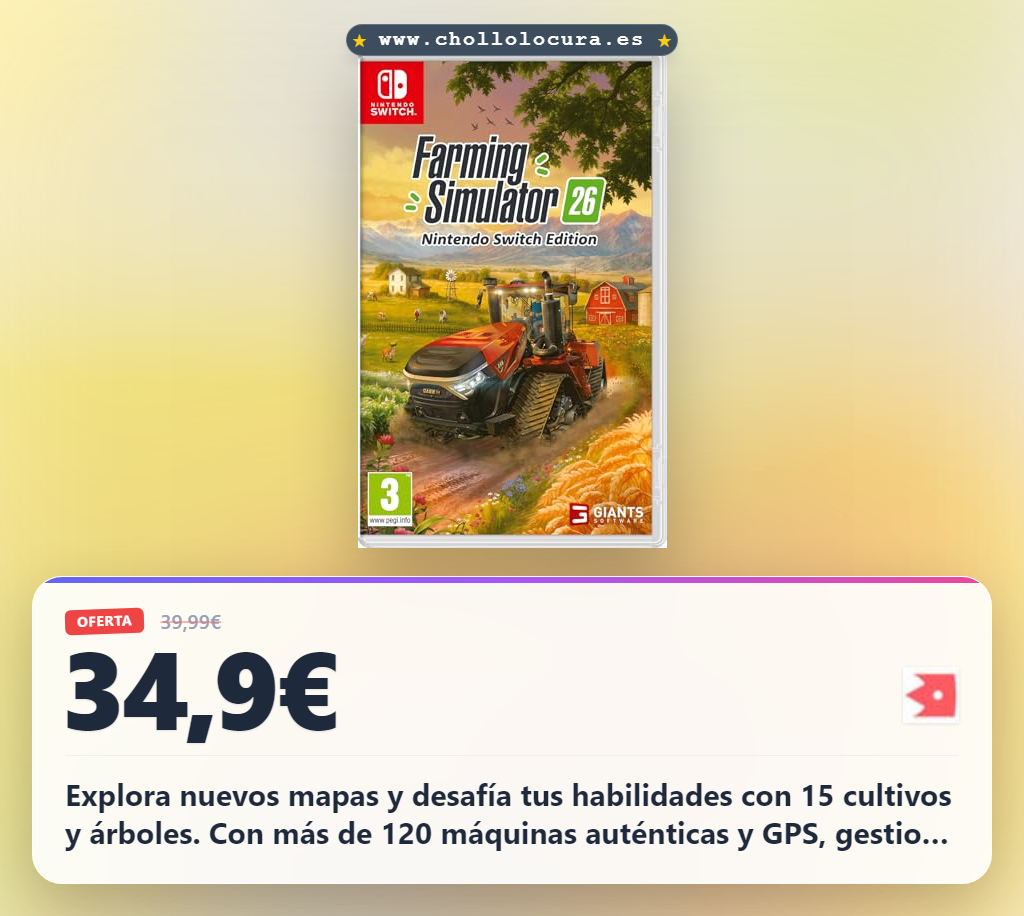 Aprovecha Farming Simulator 26 Nintendo Switch Edition con 15 cultivos y 120 máquinas auténticas en oferta