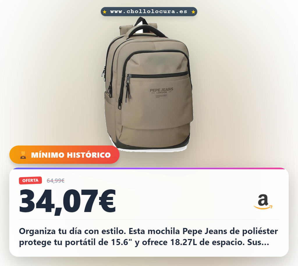 Organiza tu día con estilo. Esta mochila Pepe Jeans de poliéster protege tu portátil de 15.6" y ofrece 18.27L de espacio. Sus tirantes ergonómicos garantizan comodidad en cada trayecto. ¡Aprovecha esta oferta, quedan pocas unidades!