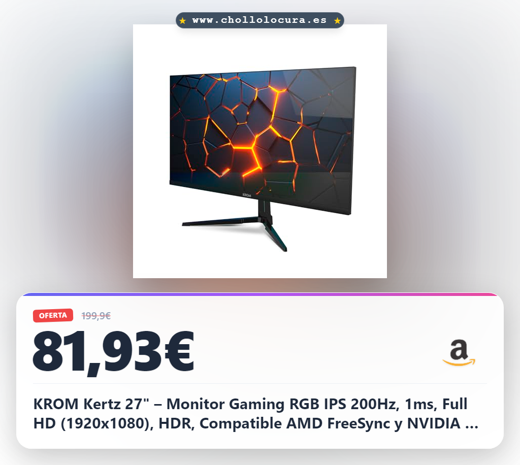 KROM Kertz 27" – Monitor Gaming RGB IPS 200Hz, 1ms, Full HD (1920x1080), HDR, Compatible AMD FreeSync y NVIDIA G-Sync, Low Blue Light y Flicker Free, VESA 75x75 – Negro