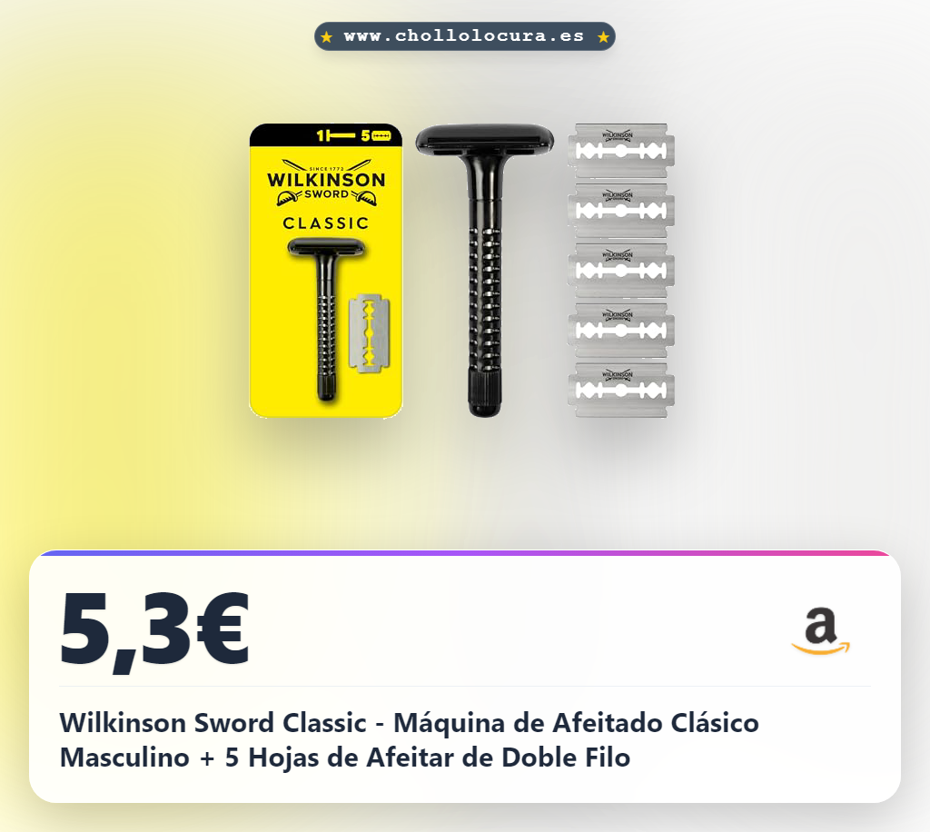 Wilkinson Sword Classic - Máquina de Afeitado Clásico Masculino + 5 Hojas de Afeitar de Doble Filo
