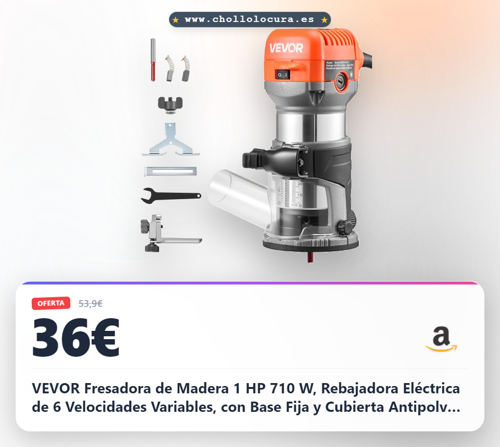 VEVOR Fresadora de Madera 1 HP 710 W, Rebajadora Eléctrica de 6 Velocidades Variables, con Base Fija y Cubierta Antipolvo, Fresadora de Cantos para Carpintería, Proyectos de Bricolaje, con Cable