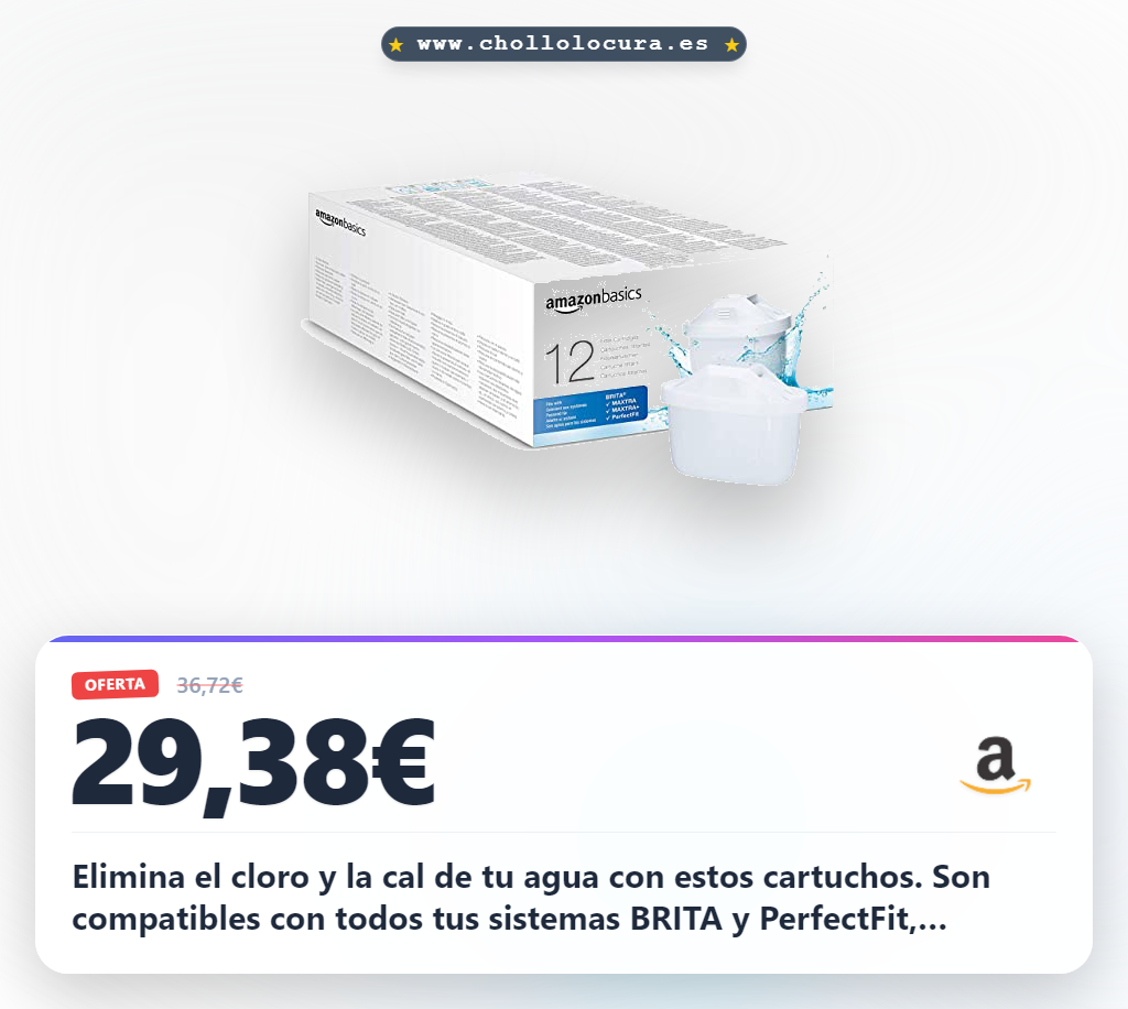 Encuentra los cartuchos filtrantes Amazon Basics para BRITA. Filtra eficazmente cloro y cal. Paquete de 12 en oferta.