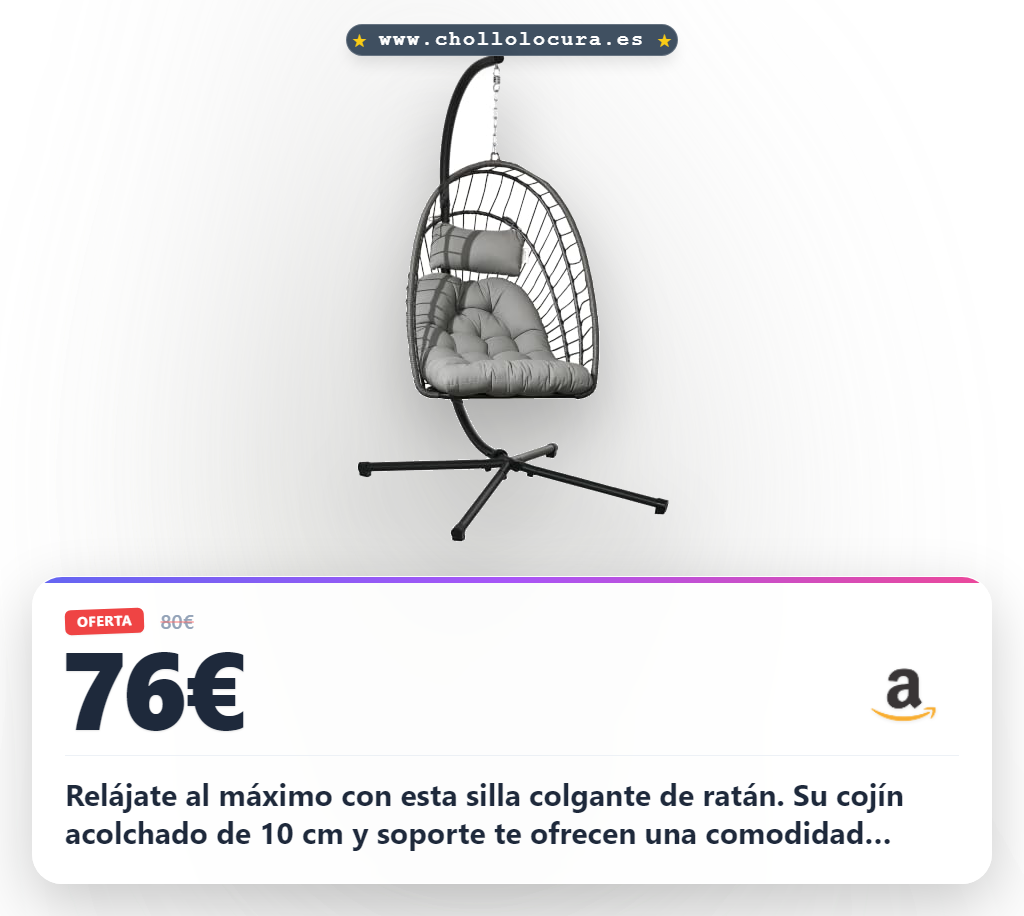 Disfruta de esta silla colgante de ratán exterior para jardín con cojín 100 kg a precio de chollo en oferta