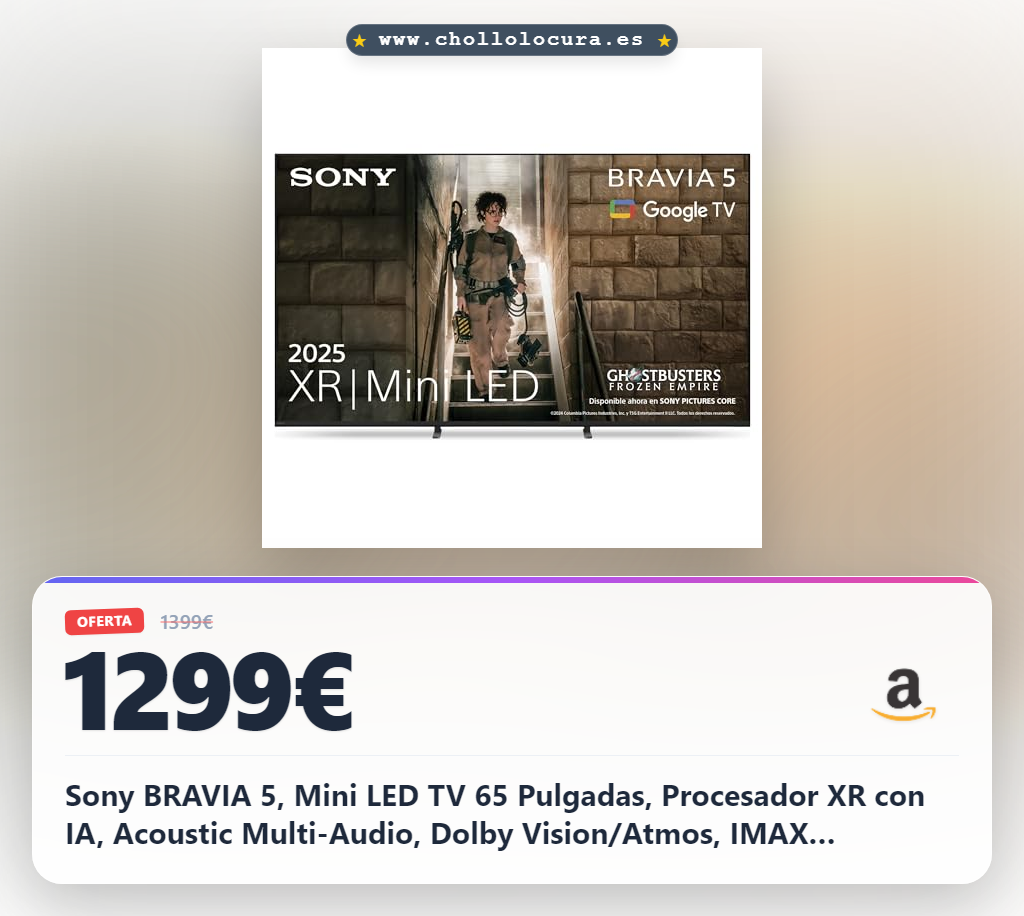Sony BRAVIA 5, Mini LED TV 65 Pulgadas, Procesador XR con IA, Acoustic Multi-Audio, Dolby Vision/Atmos, IMAX Enhanced, Google TV 2025, Apple AirPlay 2, Eco Dashboard2, Smart TV, 65"