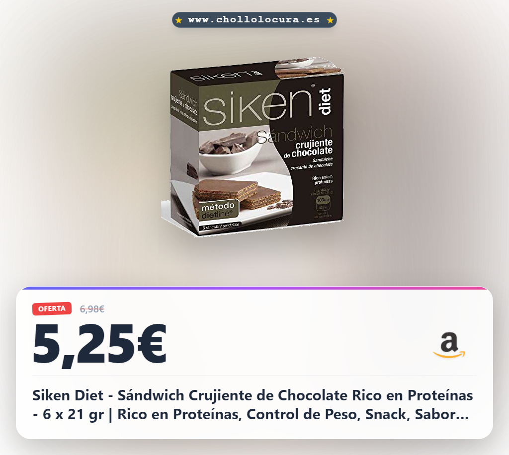 Siken Diet - Sándwich Crujiente de Chocolate Rico en Proteínas - 6 x 21 gr | Rico en Proteínas, Control de Peso, Snack, Sabor Chocolate, Sándwich Crujiente, Formato Individual, 6 uds de 21 g