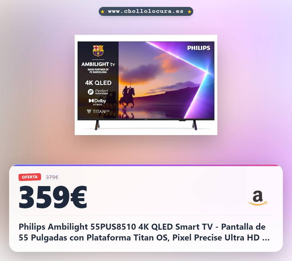 Philips Ambilight 55PUS8510 4K QLED Smart TV - Pantalla de 55 Pulgadas con Plataforma Titan OS, Pixel Precise Ultra HD y Sonido Dolby Atmos - Funciona con Alexa y con el Asistente de Voz de Google