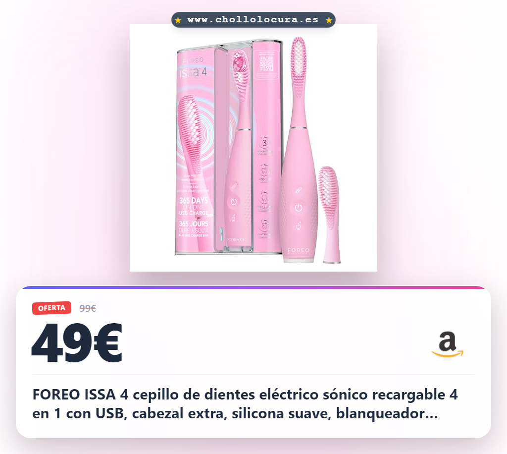 FOREO ISSA 4 cepillo de dientes eléctrico sónico recargable 4 en 1 con USB, cabezal extra, silicona suave, blanqueador dental, impermeable, ideal para viaje, limpieza profunda - Pearl Pink