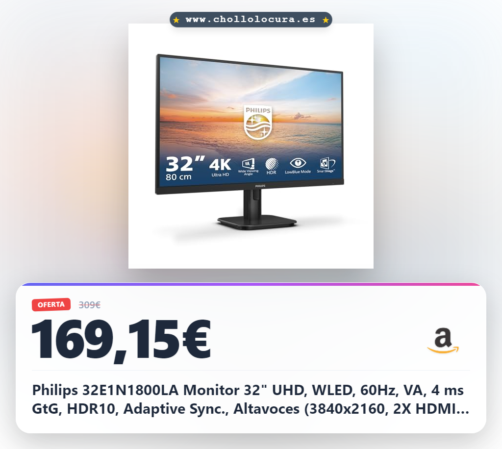 Philips 32E1N1800LA Monitor 32" UHD, WLED, 60Hz, VA, 4 ms GtG, HDR10, Adaptive Sync., Altavoces (3840x2160, 2X HDMI 2.0, 1x DP 1.4) Negro