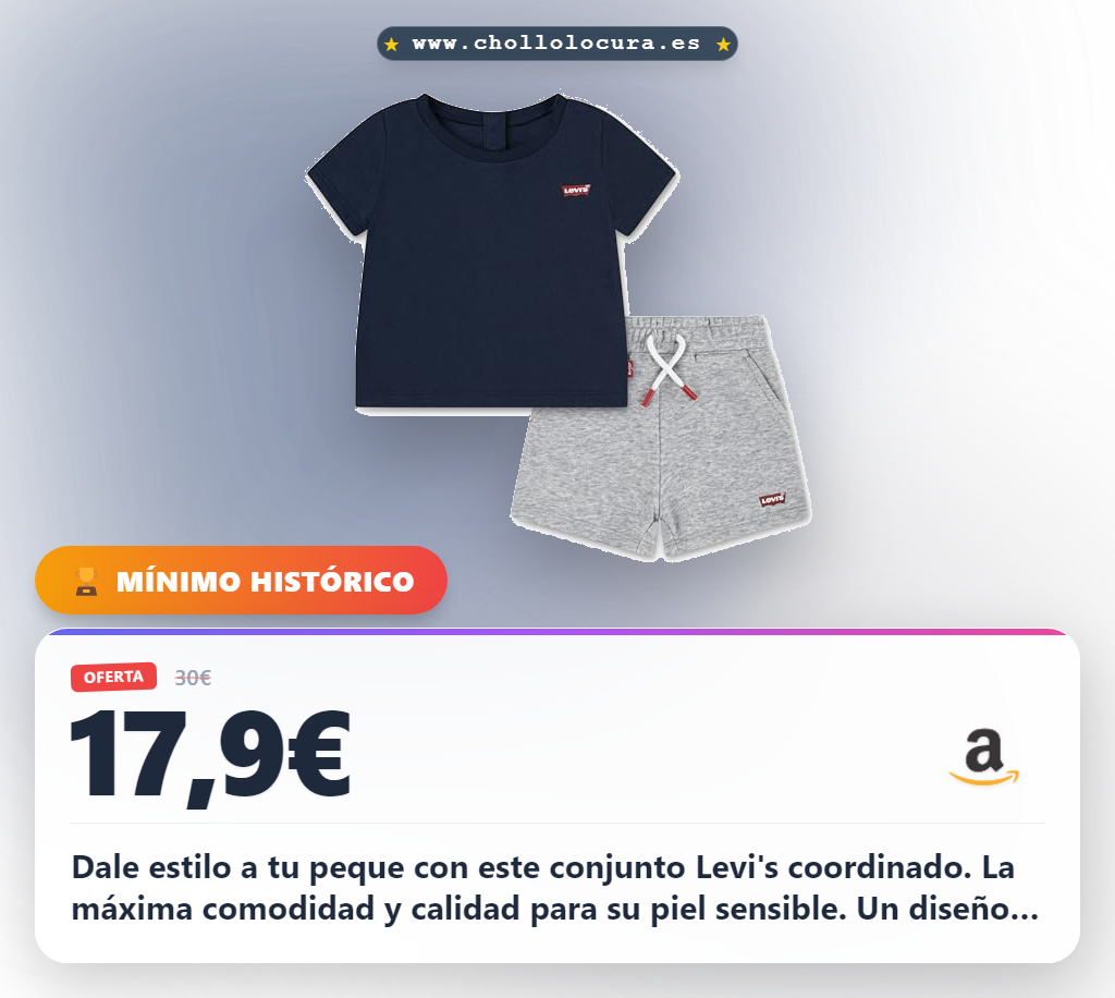 Aprovecha este set Levi's para bebé de 24 meses con camiseta y pantalón corto al mejor precio en oferta