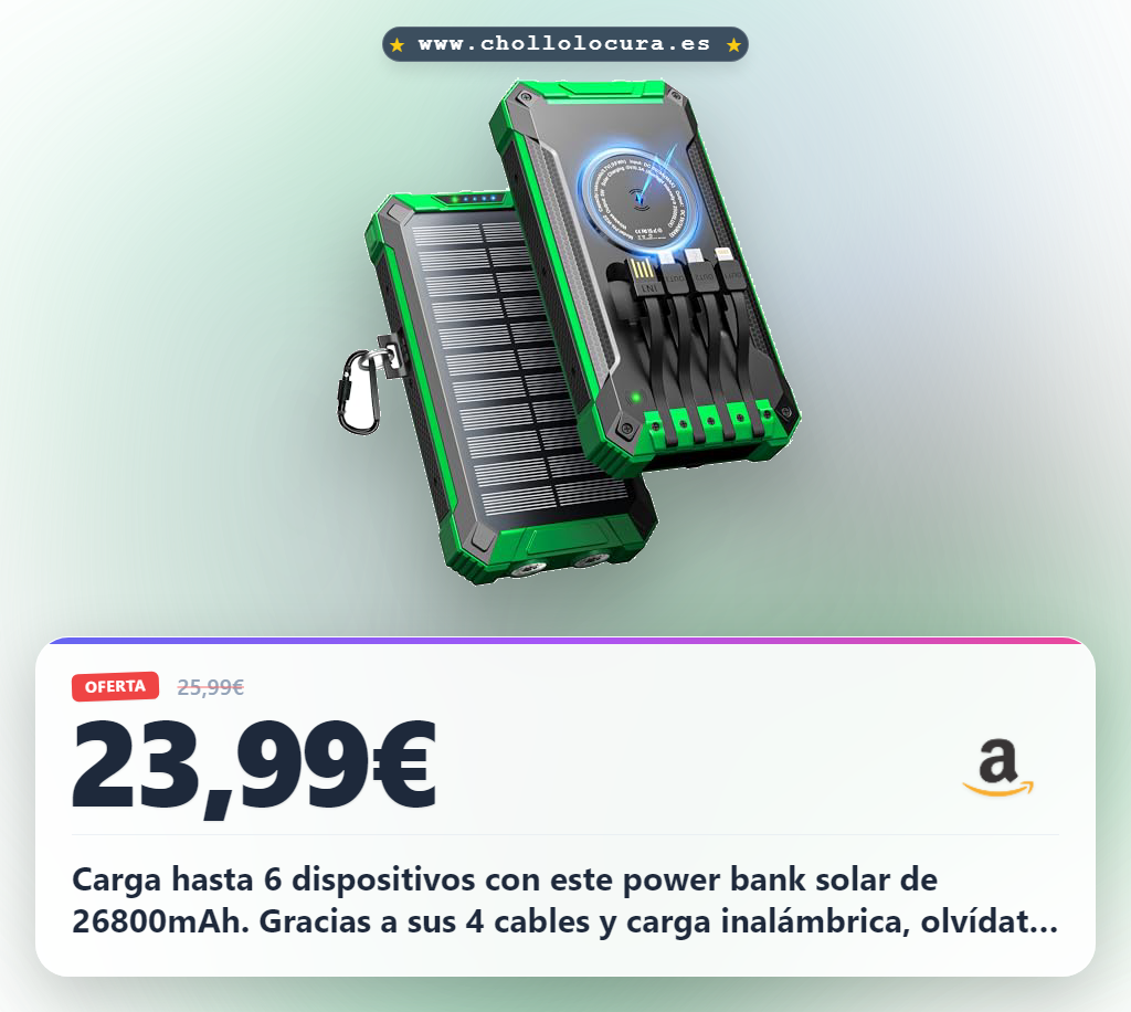 Carga hasta 6 dispositivos con este power bank solar de 26800mAh. Gracias a sus 4 cables y carga inalámbrica, olvídate de los enchufes. Disfruta de carga rápida de 15W y diseño resistente para que no te quedes sin batería en tus viajes.