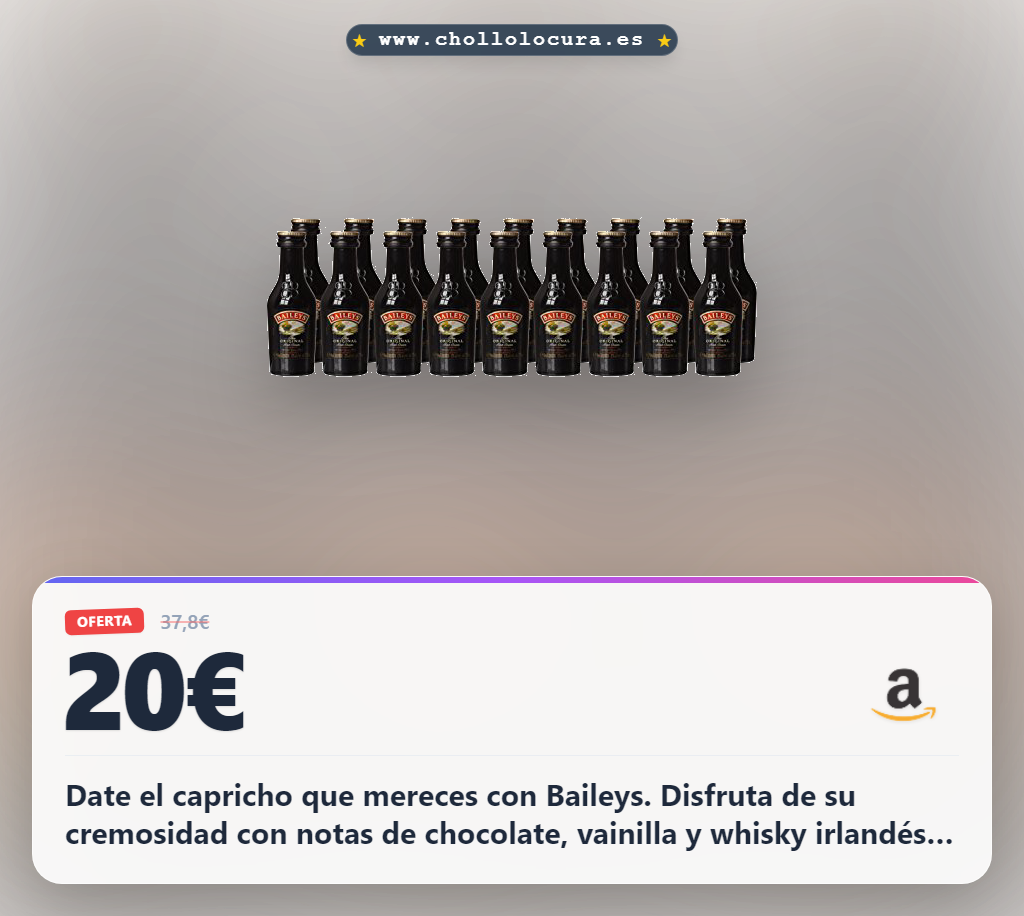 Ahorra Baileys Original Irish Cream 5cl pack 20 uds: sabor cremoso a chocolate, vainilla y whisky irlandés en oferta