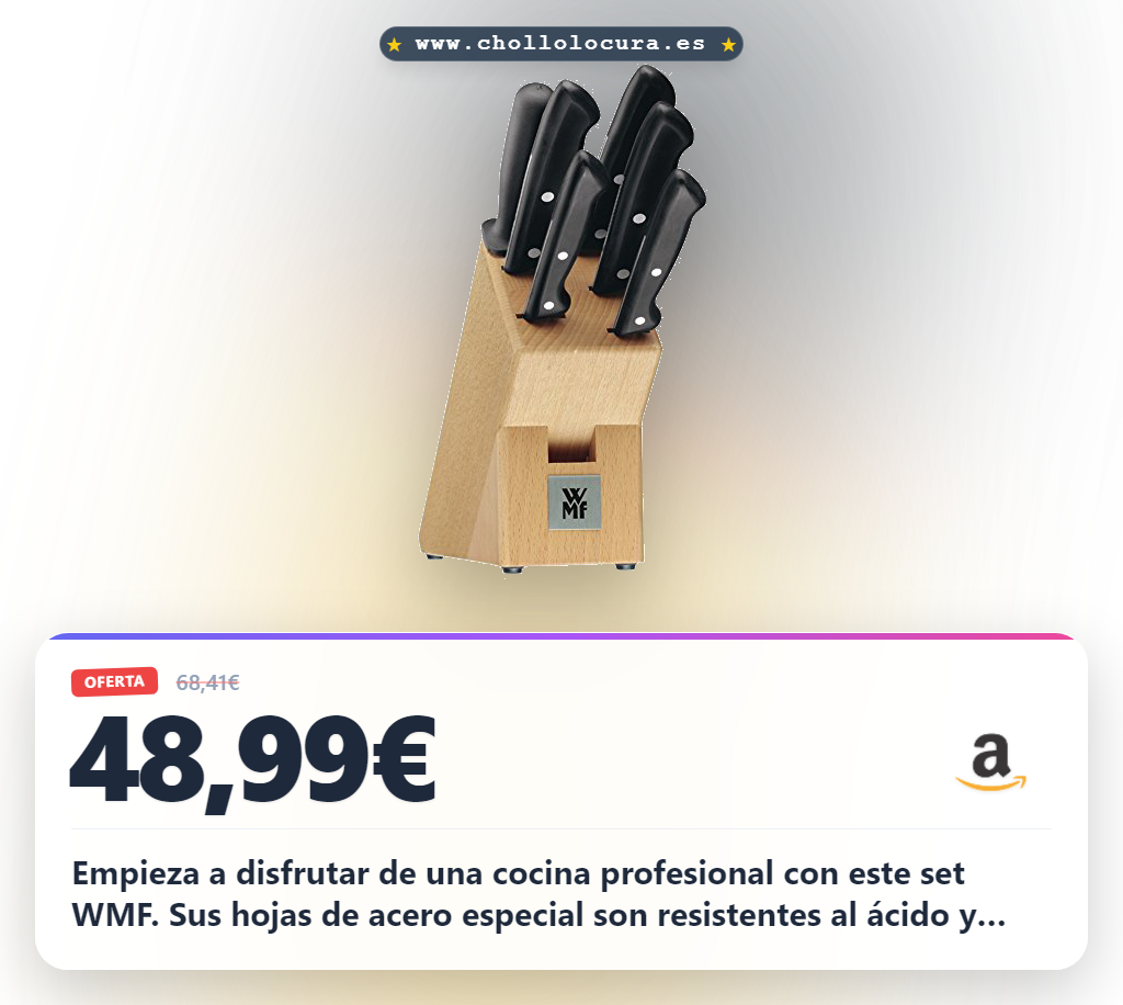 Empieza a disfrutar de una cocina profesional con este set WMF. Sus hojas de acero especial son resistentes al ácido y mantienen el filo por mucho más tiempo. Disfruta de un mango ergonómico y un bloque de madera de haya que te encantará. Calidad y durabilidad para tu día a día.