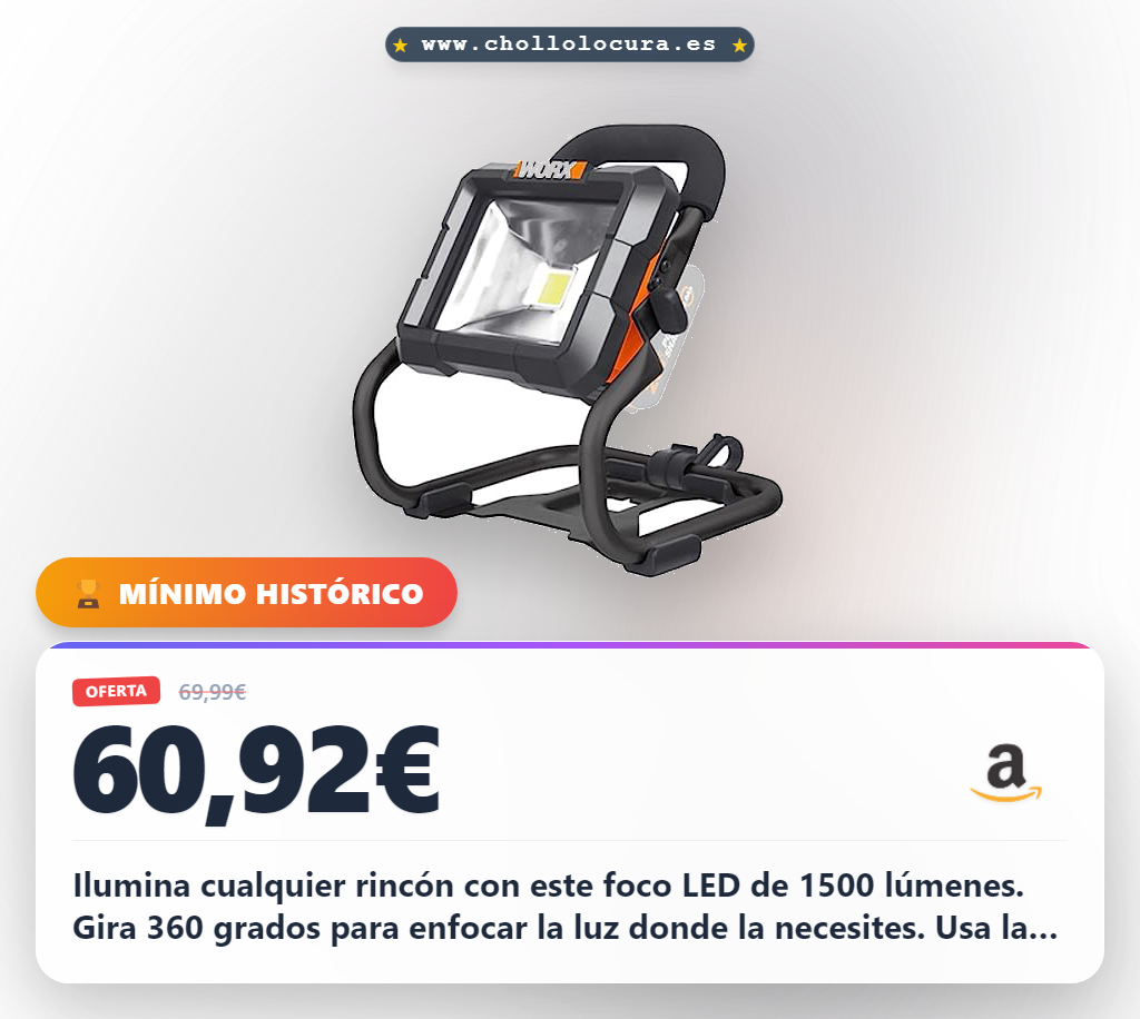 Adquiere el Foco LED Worx de 1500 lumen con rotación 360° y baterías 20V intercambiables al mejor precio.