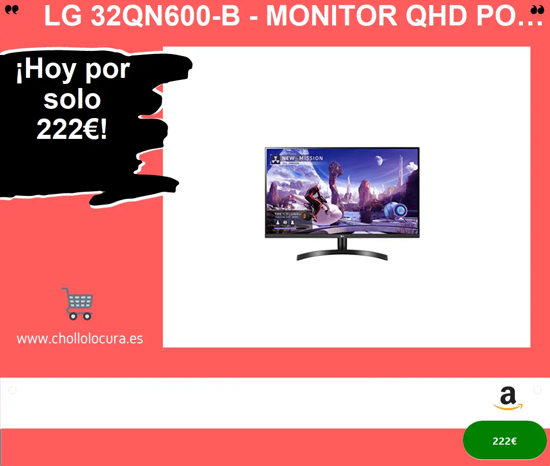 Lg 32Qn600-B - Monitor Qhd Polivalente (Panel IPS: 2560 X 1440P, 16:9, 350 CD/M², 1000:1, Srgb >99%, 75 Hz, 5 Ms), Negro