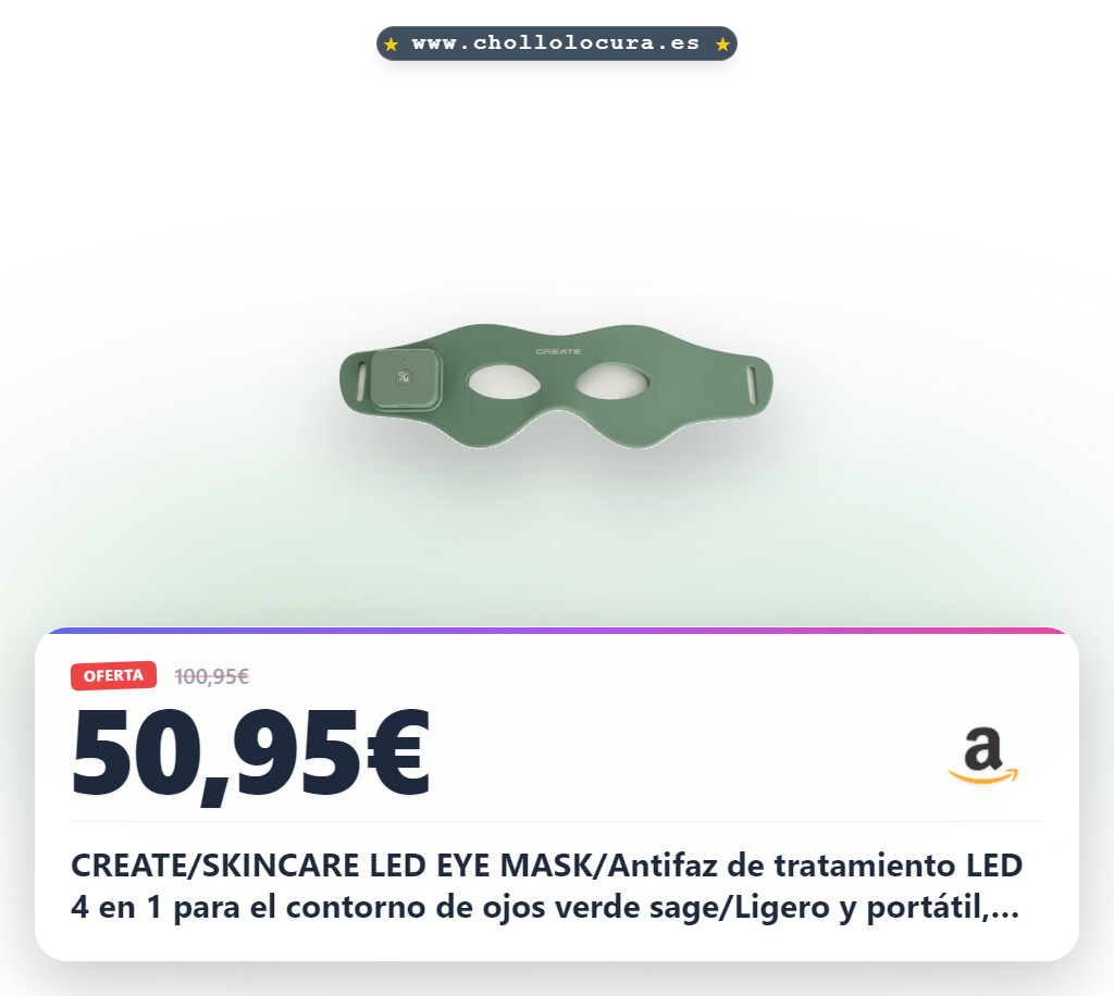 CREATE/SKINCARE LED EYE MASK/Antifaz de tratamiento LED 4 en 1 para el contorno de ojos verde sage/Ligero y portátil, libre de químicos, 42 bombillas LED cuádruples, 2W
