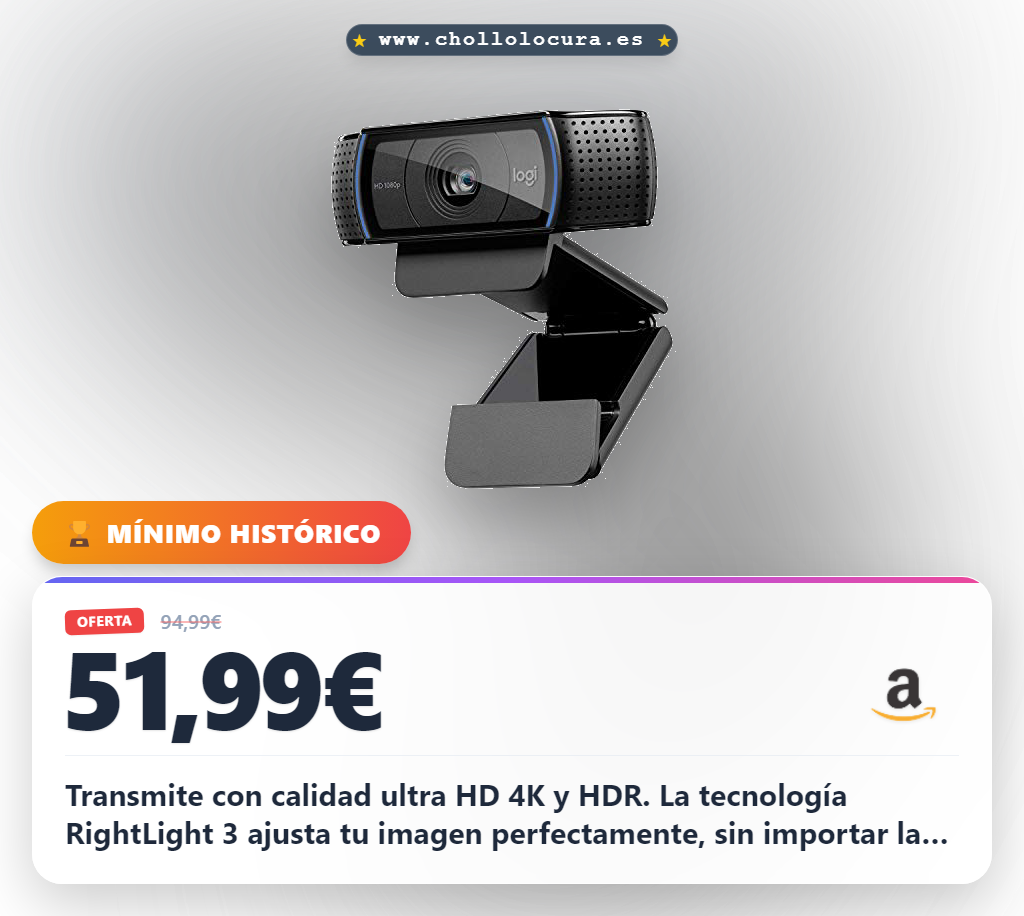 Aprovecha la cámara Logitech C920 HD Pro ultra HD 4K para streams fluidos y calidad profesional a precio de chollo