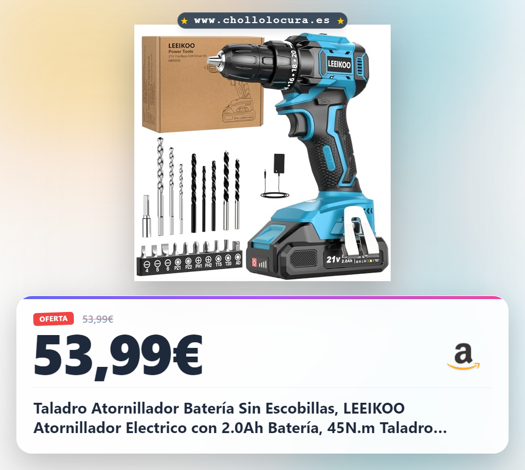 Aprovecho este taladro inalámbrico sin escobillas con 45N.m de torque y 2.0Ah de batería en oferta