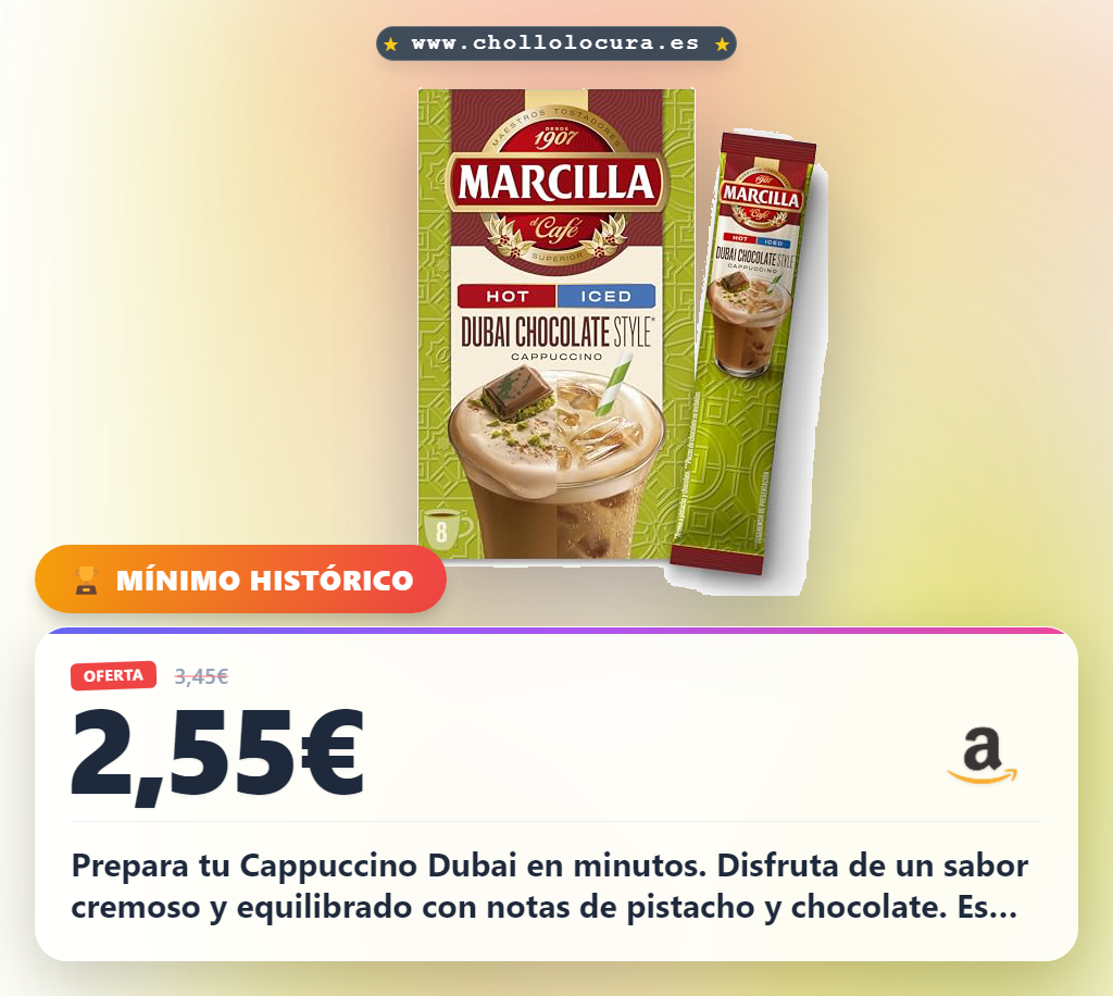 Aprovecha el café soluble Marcilla Mix Cappuccino Dubai Chocolate Style con sabor a pistacho en oferta histórica