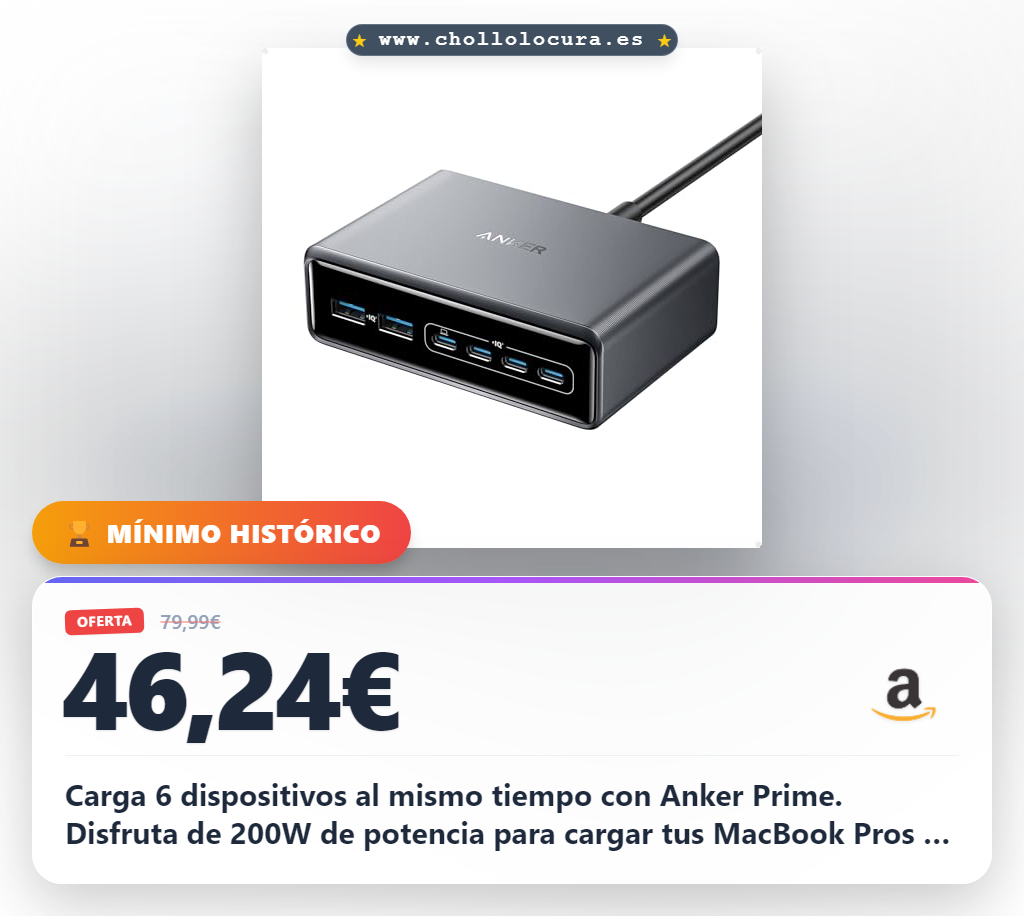 Aprovecha la estación de carga Anker Prime 200W para cargar 6 dispositivos al mismo tiempo en oferta histórica
