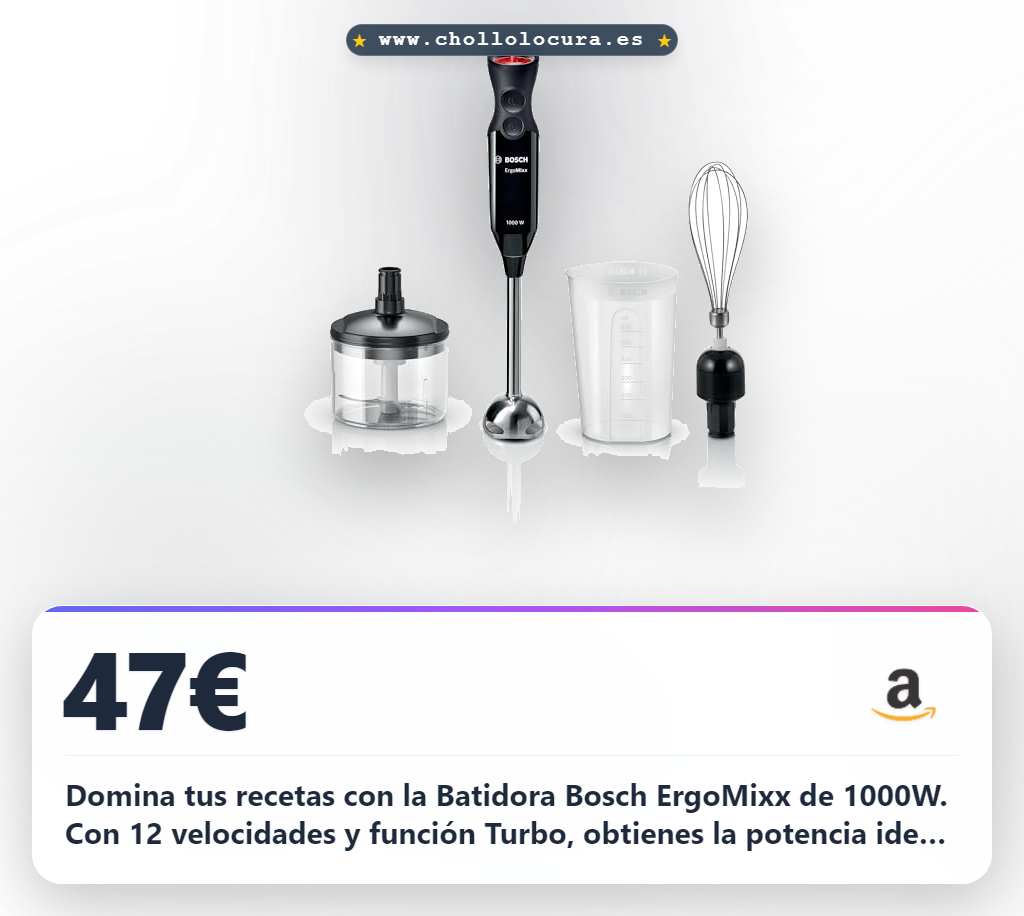 Obtén la batidora Bosch ErgoMixx 1000 W con QuattroBlade y 12 velocidades en oferta histórica para cocinar hoy en casa