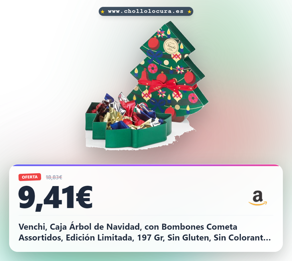 Venchi, Caja Árbol de Navidad, con Bombones Cometa Assortidos, Edición Limitada, 197 Gr, Sin Gluten, Sin Colorantes ni Conservantes, Idea de Regalo y Decoración Navideña