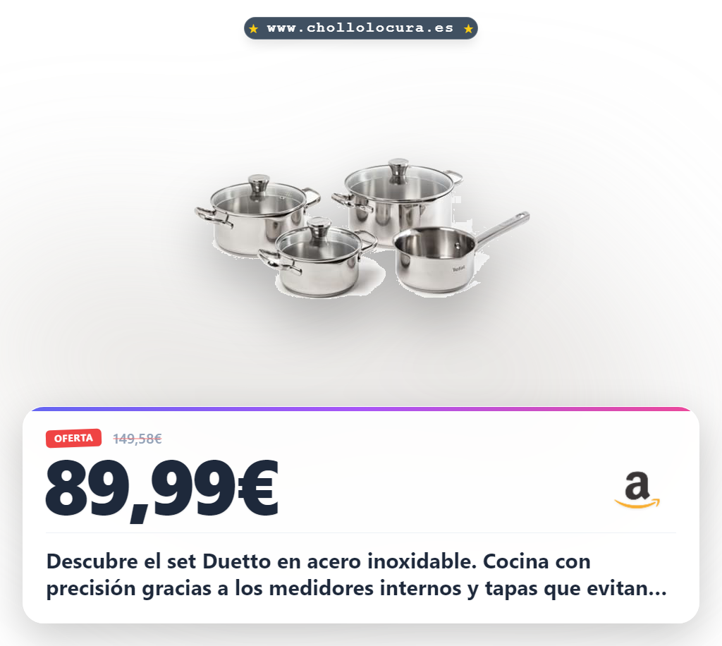 Aprovecha el set Tefal Duetto de 4 piezas en acero inoxidable con medidor interior y tapas para horno