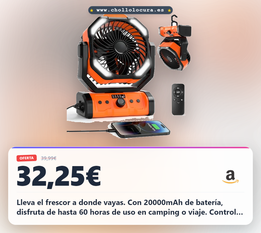 Lleva el frescor a donde vayas. Con 20000mAh de batería, disfruta de hasta 60 horas de uso en camping o viaje. Controla velocidad, temporizador y luz LED con tu mando. Su diseño robusto y control remoto lo hacen perfecto para acampar, trabajar o relajarte al aire libre.