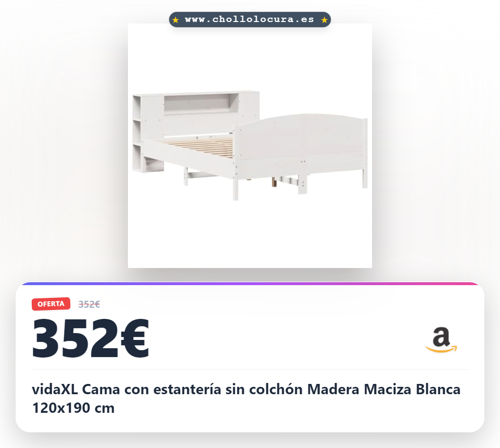 vidaXL Cama con estantería sin colchón Madera Maciza Blanca 120x190 cm