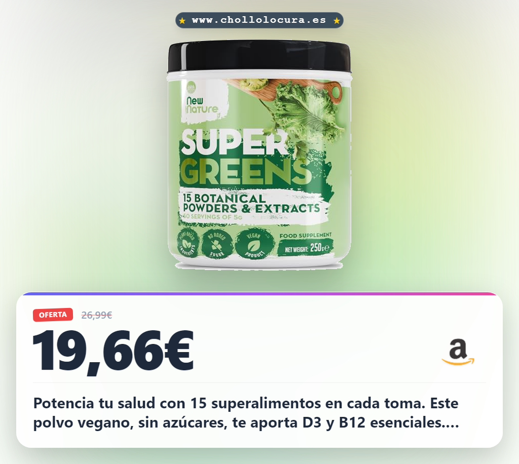 Obtén New Nature Super Greens en Polvo: 15 superalimentos veganos con D3 y B12 al mejor precio