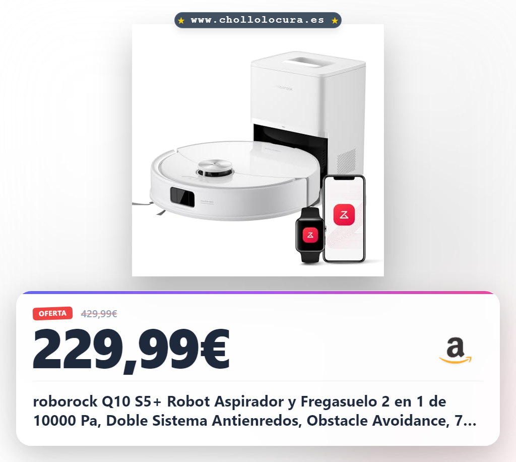 roborock Q10 S5+ Robot Aspirador y Fregasuelo 2 en 1 de 10000 Pa, Doble Sistema Antienredos, Obstacle Avoidance, 7 Weeks Self-Emptying, Navegación PreciSense LiDAR, Control por App, Blanco
