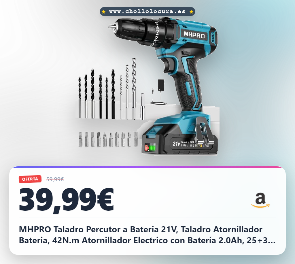MHPRO Taladro Percutor a Bateria 21V, Taladro Atornillador Bateria, 42N.m Atornillador Electrico con Batería 2.0Ah, 25+3 Ajuste de Par, 24 Accesorios, 2 Velocidad, LED Luz Para Hogar, Bricolaje,Azul