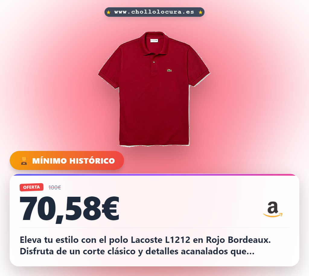 Ahorra el Polo Lacoste L1212 Rojo Bordeaux Classic Fit con cocodrilo bordado en oferta