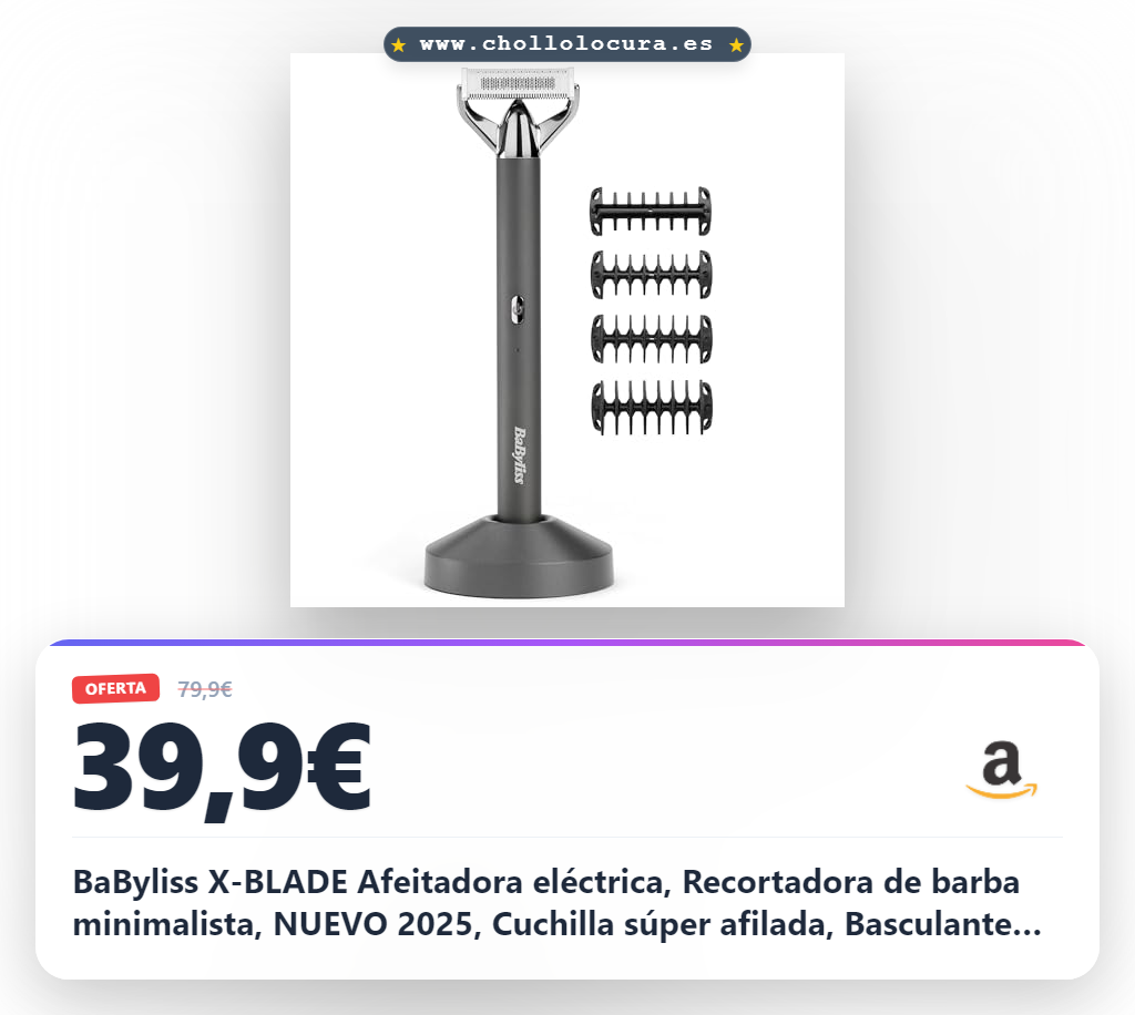 BaByliss X-BLADE Afeitadora eléctrica, Recortadora de barba minimalista, NUEVO 2025, Cuchilla súper afilada, Basculante 50°, 4 peines guía (1-5 mm), Inalámbrica, Iones de litio, Waterproof, OT996E