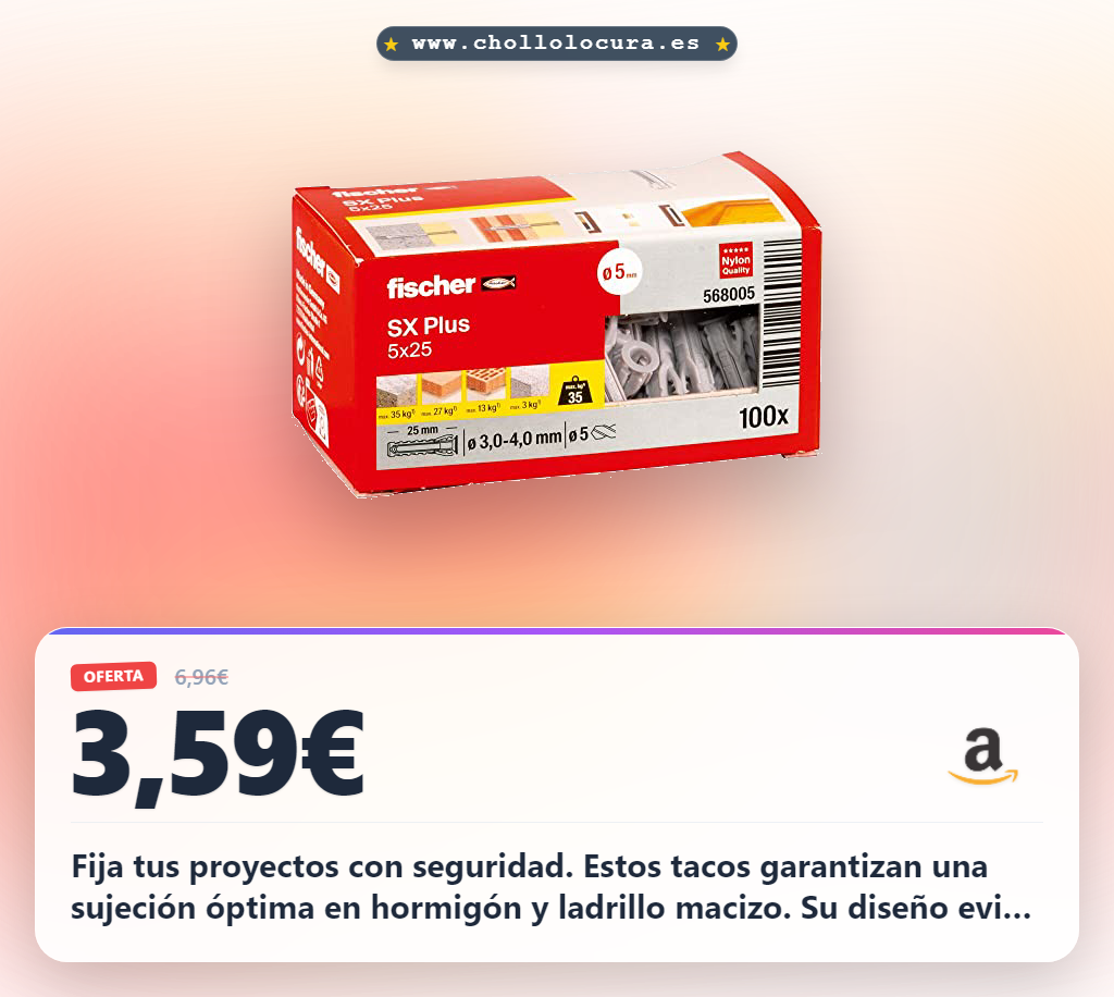 Aprovecha los tacos de expansión Fischer SX Plus con 100 anclajes para sujeción óptima en hormigón y ladrillo